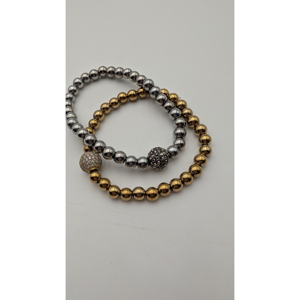 Mixed Metal Beaded Stretch Bracelet Set Gold Silver Tone Pavé Accent 2pc